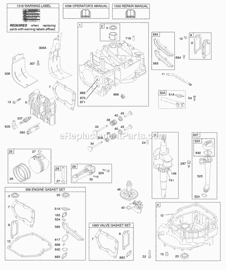Camshaft Crankshaft Cylinder Engine Sump Lubrication Piston Group Valves Diagram and Parts List for  Briggs and Stratton Engine